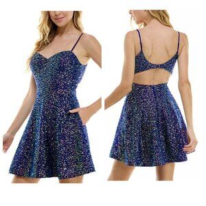 City Studios Juniors' Sequin Open-Back Skater Fit & Flare Dress 13/14 Blue